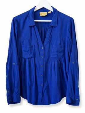 Anthropologie Maeve Royal Blue Button Front Blouse Medium Long Sleeve